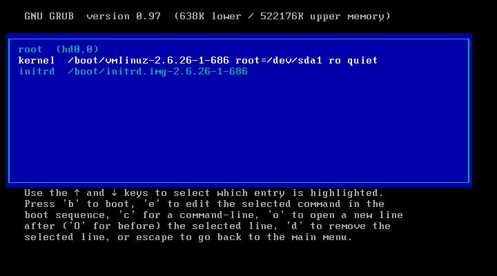 Tela padrão do Grub Após selecionar o kernel, devemos então digitar a letra e, que significa Editar, para podermos editar o nível de inicialização que queremos.
