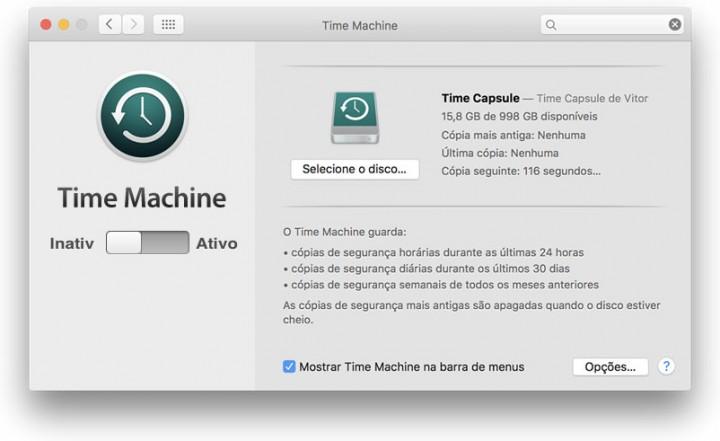 na barra de menus. Em alternativa, selecione o menu Apple > Preferências do Sistema e, em seguida, clique em Time Machine. 2. Clique em Selecione o disco da cópia de segurança. 3.