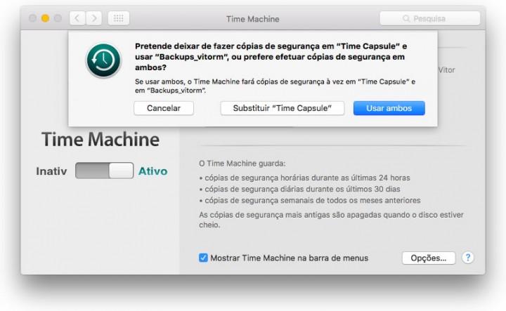 que o backup inicial esteja completo e, nos passos atrás, repita o passo 4. A Time Machine irá solicitar que substitua o volume ou que use ambos. Seleccione Usar ambos.