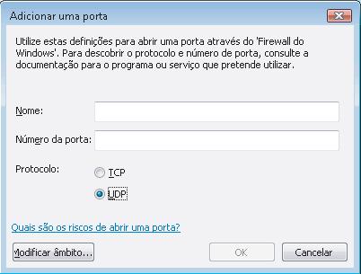 3 Certifique-se de que o firewall do Windows está definido para Ligado no separador Geral. 4 Clique no separador Excepções. 7 Clique no botão Adicionar porta.