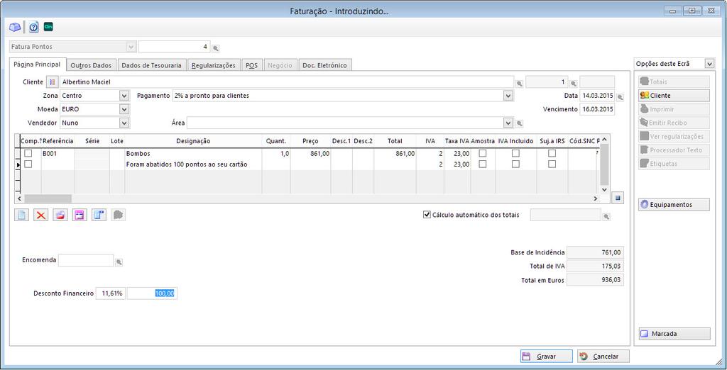 Converter Pontos em descontos Caso o cliente pretenda, no momento da compra poderá abater o número de pontos e transformá-lo num desconto a aplicar ao total do documento.