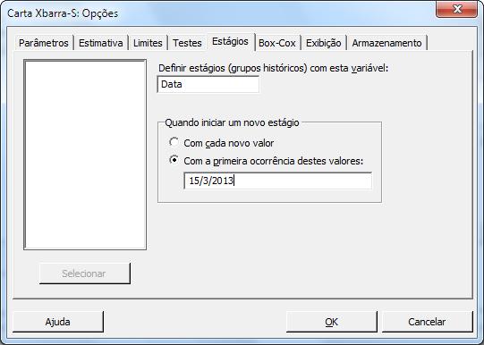 Avaliação da qualidade Adicionar estágios à carta de controle É possível usar estágios em uma carta de controle para mostrar como um processo muda ao longo de períodos específicos de tempo.