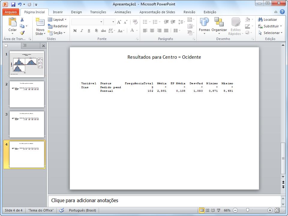 Apresentação de resultados do Minitab Uma nova apresentação do Microsoft PowerPoint conterá o histograma e cada parte da saída da janela Session em slides separados.