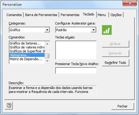 Personalização do Minitab 3. Em Comandos, selecione Histograma. 4. Clique em Pressionar Tecla Novo Atalho. 5. Pressione Ctrl+Shift+H.