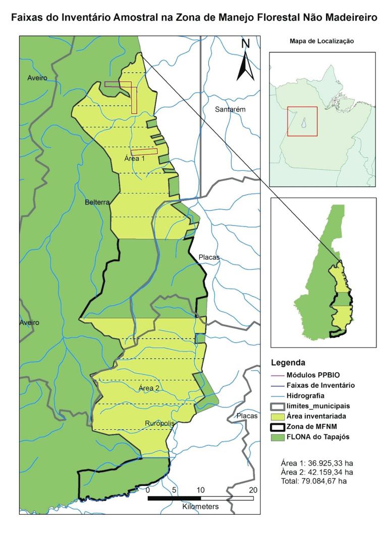 Andrade et al. Inventário florestal de grandes áreas na Floresta Nacional do Tapajós, Pará, Amazônia, Brasil localizadas na ZFNM. Há interesse também em compartilhar 2 abrange 42.159,34 ha.