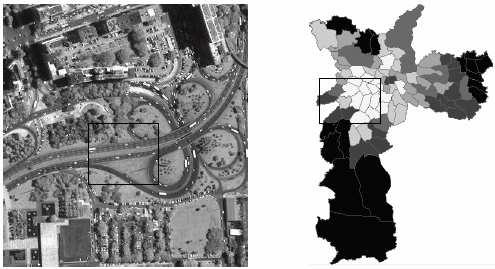 15 Figura 2.1 Exemplo de geo-campo (imagem IKONOS do Rio de Janeiro) e de um conjunto de geo-objetos (distritos da cidade de São Paulo). [Câmara et. al. 2006] 2.