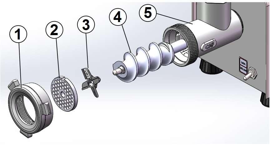 3. MONTAGEM PARA MOAGEM 3.1 Montagem para moagem picador CAF 5 Encaixe o Caracol montado (Item 4 - Fig. 2) no Bocal (Item 5 - Fig. 2). Encaixe a Cruzeta (Item 3 - Fig.