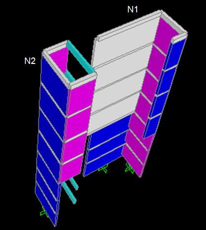 Figura 3-8 Vista 3D dos elementos de barra das paredes que compõem os núcleos N1 e N2 (SAP2000) 3.