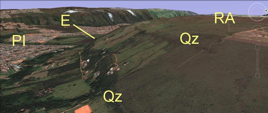 81 to to Figura 36 - Imagem do Google Earth evidenciando o afloramento de quartzito Q3 na borda do Residual de Aplainamento.