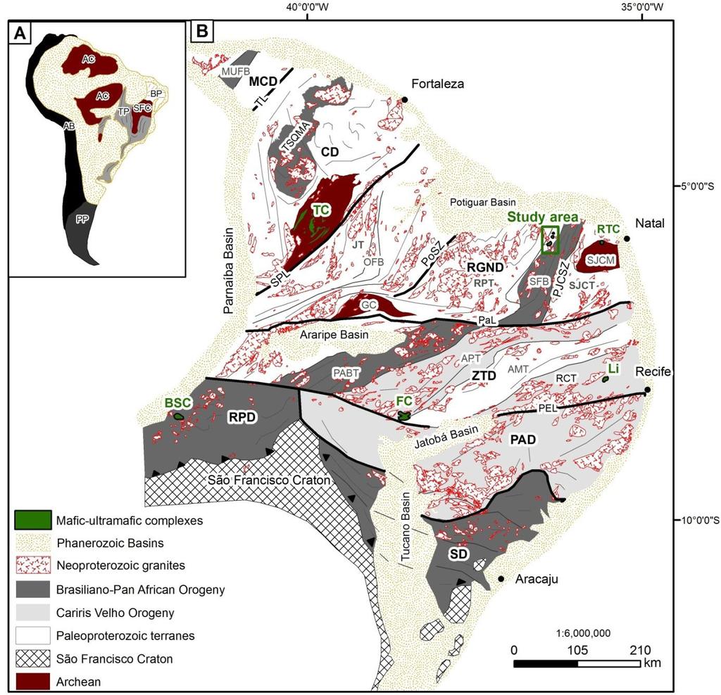 Figure 2. A) Geological outline of South America. AC = Amazonian craton; SFC = São Francisco craton; BP = Borborema Province; TP = Tocantins province; AB = Andean Belt, PP = Patagonia Province.