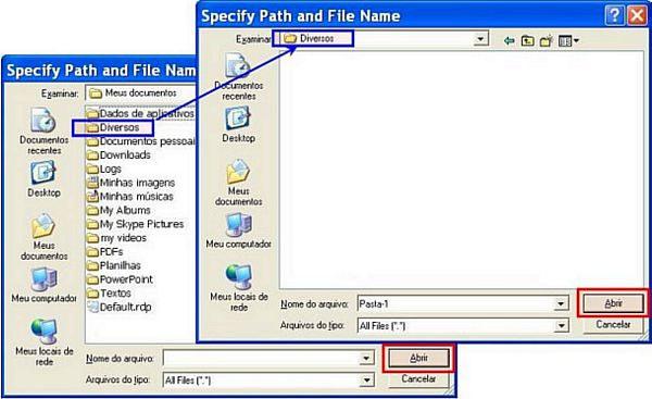 No exemplo mostrado na figura abaixo, foi criada na pasta "Meus documentos" uma subpasta "Diversos". Na lacuna "Nome do arquivo" foi digitado "Pasta-1".