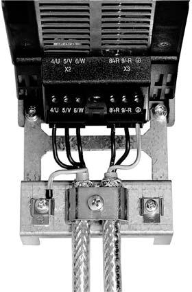 [1] [2] [1] Presilha de fixação da blindagem [2] Conexão ao terra de proteção PE Tamanho 2S / 2 A SEW-EURODRIVE fornece uma chapa de blindagem para seção de