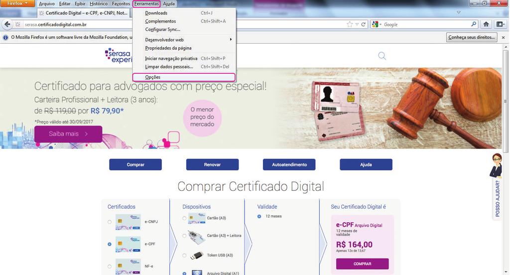 Instrução para uso de Certificado Digital 4 Abrir as opções do menu ferramentas 1.