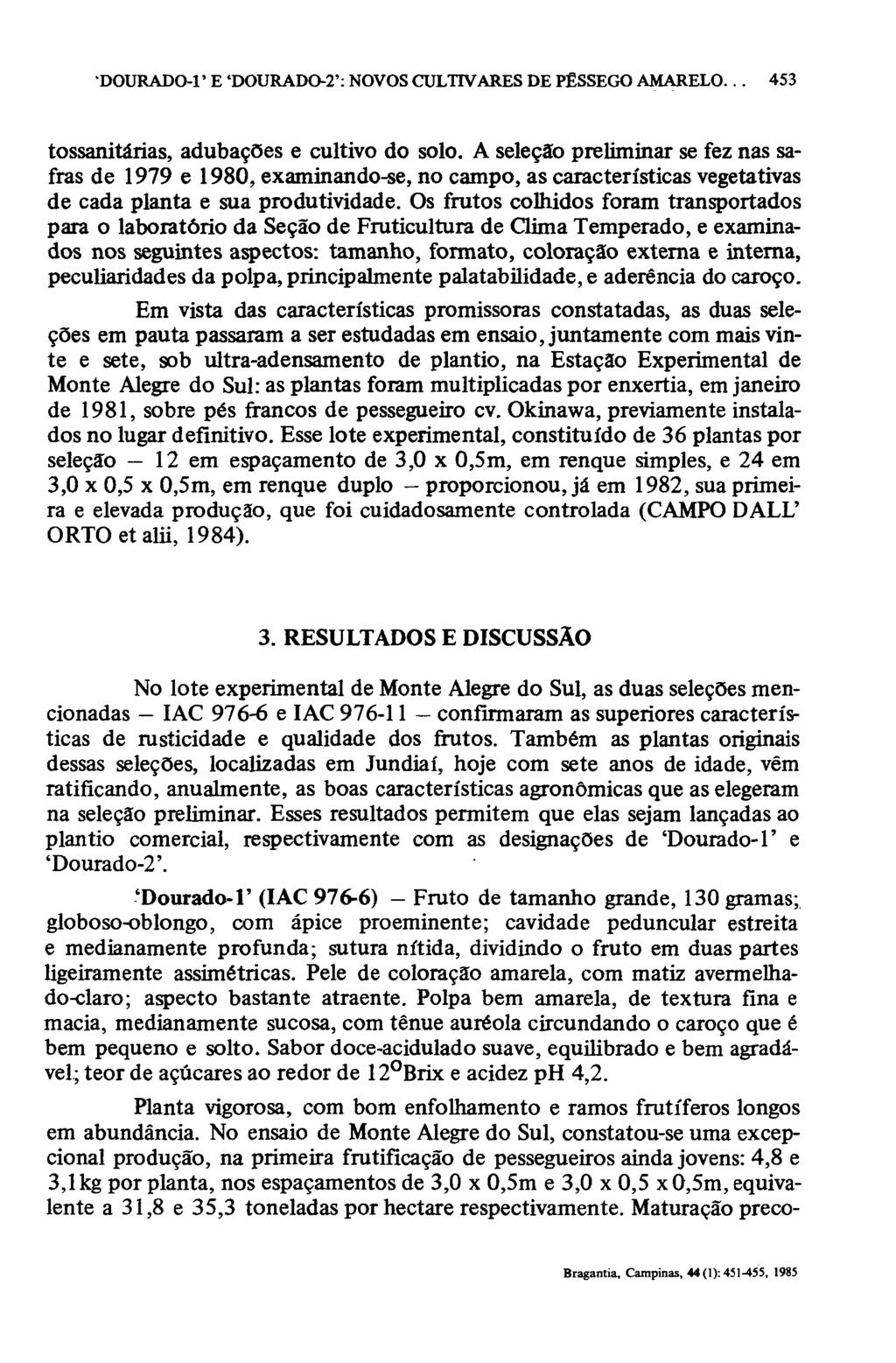 tossanitárias, adubações e cultivo do solo. A seleção preliminar se fez nas safras de 1979 e 1980, examinando-se, no campo, as características vegetativas de cada planta e sua produtividade.