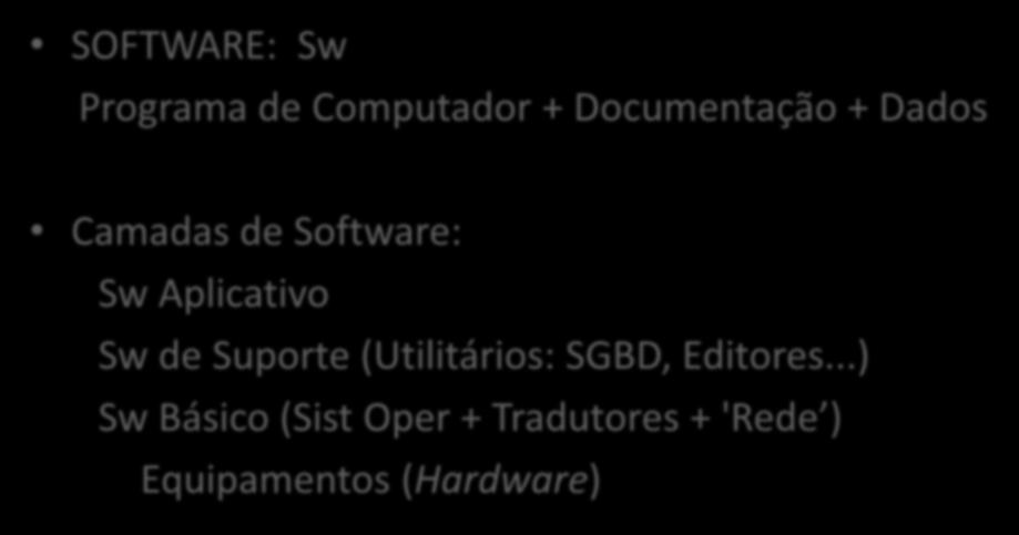 Software: Sw Aplicativo Sw de Suporte (Utilitários: SGBD,