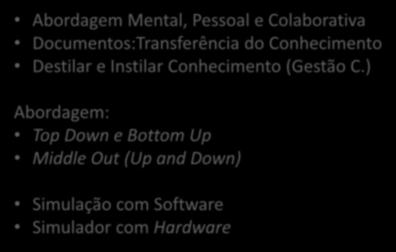 Abordagem x Ambientes x Agentes Abordagem Mental, Pessoal e Colaborativa Documentos:Transferência do Conhecimento Destilar e