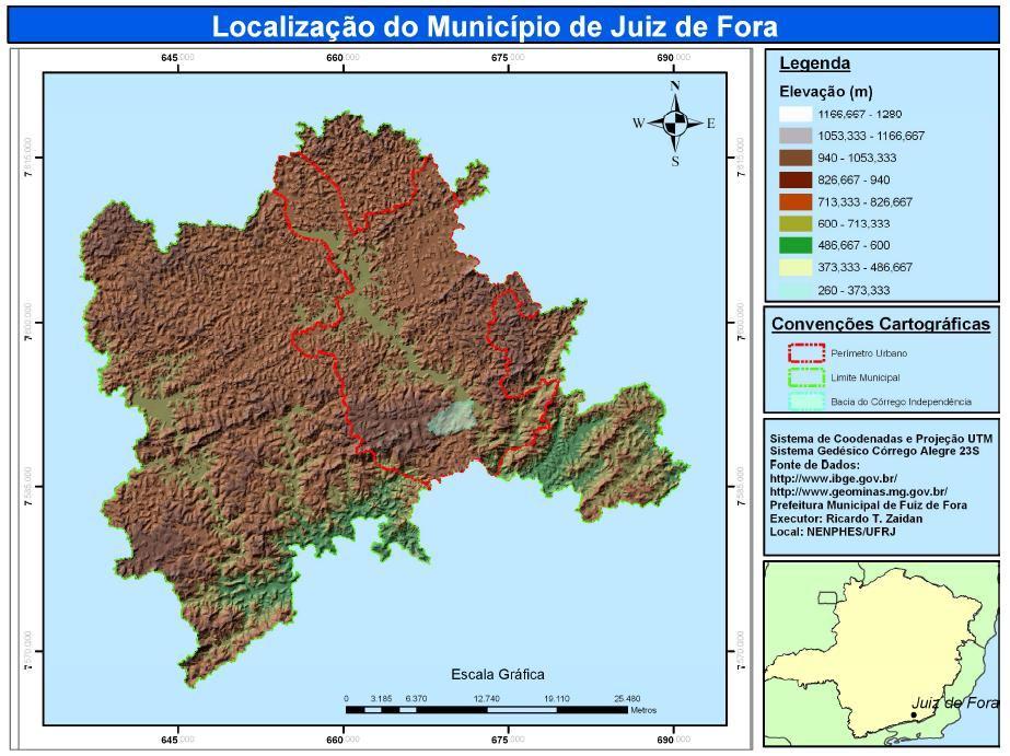 Fig.02: Mapa de localização do Município de Juiz de Fora De acordo com os aspectos geomorfológicos, o município encontra-se na Unidade Serrana da Zona da Mata, com características montanhosas e
