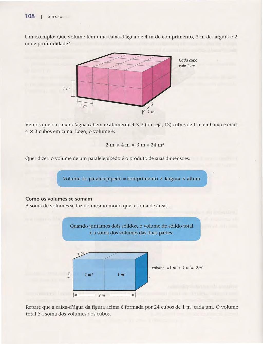 108 AULA 14 Acesse: http://fuvestibular.com.br/ Um exemplo: Que volume tem uma caixa-d'água de 4 m de comprimento, 3 m de largura e 2 m de profundidade?