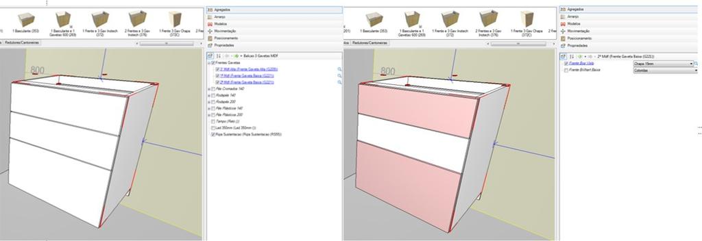 Gavetas: Neste caso o que será trocado no orçamento será somente a frente da gaveta, então selecionando o balcão gaveteiro, deverá ser feita a troca de frentes de 1 gaveta por vez; 2 TODAS AS FRENTES