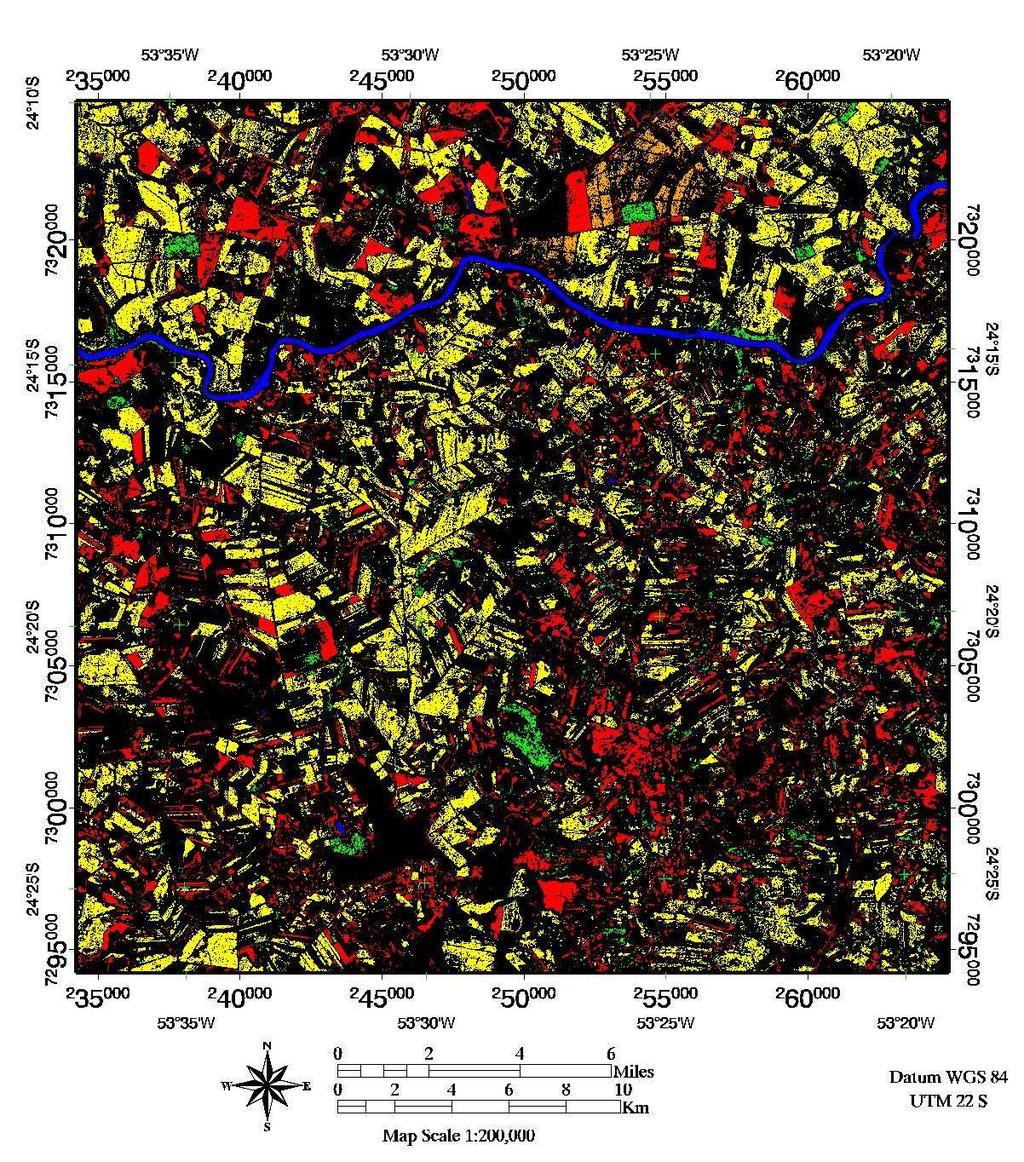 3.1 Classificadores IsoData: Na análise desse classificador (não supervisionado) identificou-se 18,90% de área como sendo soja, um percentual de 26,60% de cana-de-açúcar, um total de 23,24% de solo,