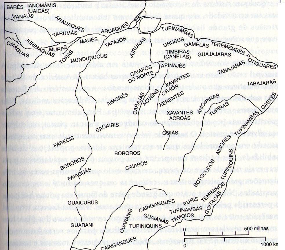 34 Mapa II: Etnias indígenas do Brasil segundo Bethell (2004) Em síntese, pode-se depreender que, como assinalado anteriormente, a ideia de homogeneidade etnolinguística no Brasil durante a
