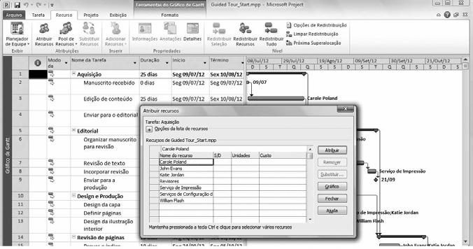12 Parte 1 Um projeto simples Você pode deixar a caixa de diálogo Atribuir Recursos aberta enquanto executa outras ações no Project. Mas, por enquanto, você irá fechá-la. 3.