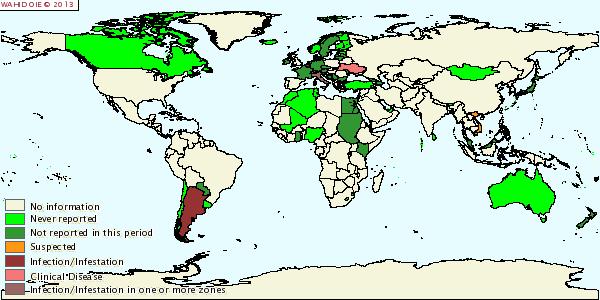 Figura 4: Mapa de distribuição da doença de Aujeszky. Fonte: Site www.oie.int.