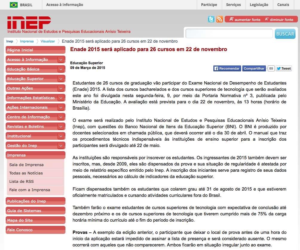 ENADE 2015 Foco em um processo de conscientização
