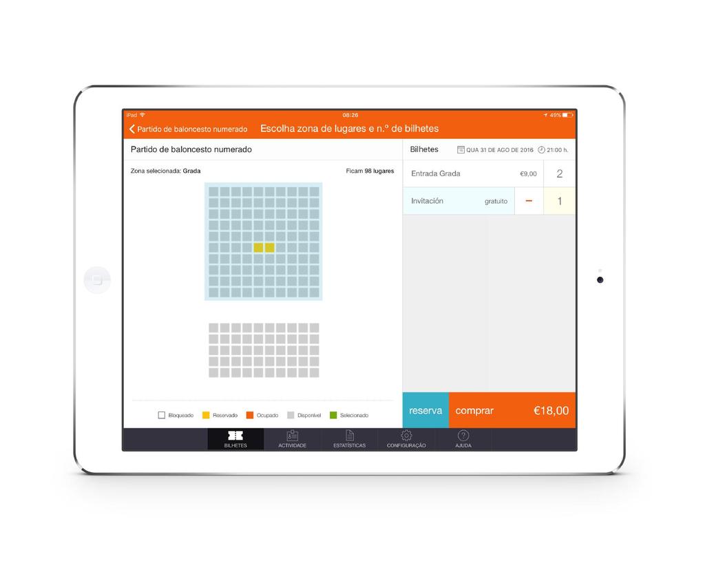 Como vender bilhetes eventos numerados Escolha o evento e a sessão que quer. Selecione a zona do recinto que o assistente preferir.