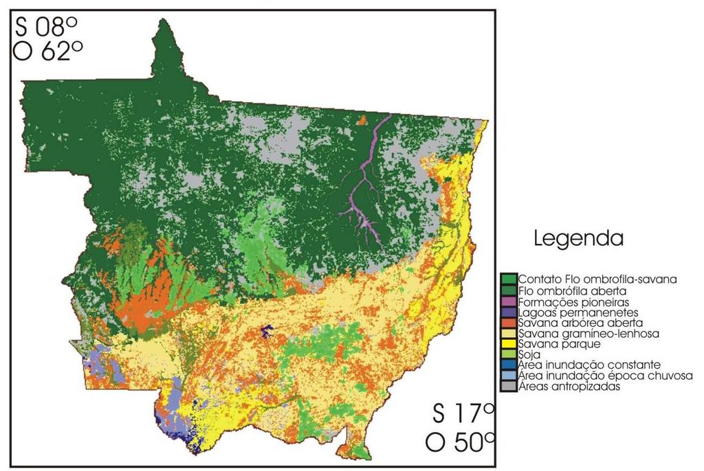 A Figura 2 mostra o mapa de cobertura vegetal do Estado do Mato Grosso para o ano de 2002. Este mapa foi obtido utilizando os mosaicos mensais do sensor MODIS. Figura 2. Classificação da cobertura vegetal do Estado do Mato Grosso realizada através dos mosaicos mensais de 2002 do sensor MODIS.