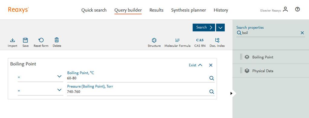 Etapas do Query builder 1. Clique em Query builder. 6. 2. Clique em Search Comece a digitar o nome da propriedade, por exemplo, boiling, no campo Search properties. (Substâncias). 4. Clique em Exist.