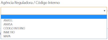 Código interno e agência reguladora do produto Para informar o código interno do produto pressione o botão ao lado direito da tela Informar o código interno do produto e selecione a agência