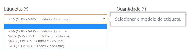 Etiquetas ficará disponível, com os tamanhos de cada Fabricante.