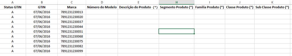 Para preencher as colunas H, I, J e K, é necessário colocar a numeração que representa o seu tipo de produto, siga o procedimento abaixo: ** Colunas que também são obrigatórios na