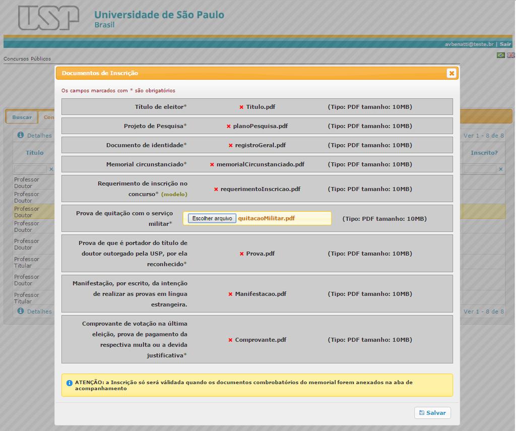 Após salvar os dados pessoais o sistema permitirá alterar os arquivos que foram anexados anteriormente.