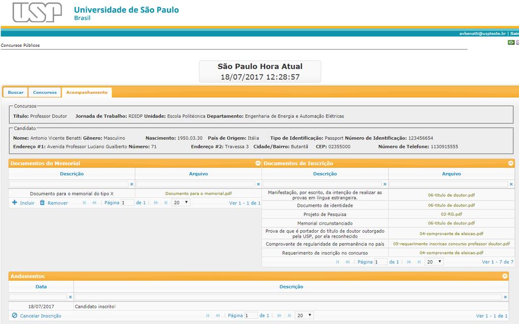 O documento anexado será mostrado na tabela Documentos do Memorial.