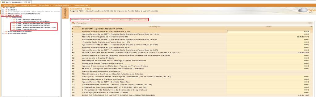 empresas do Lucro Presumido, os registros gerados pelo Fiscal são P200 e P300 (IRPJ) e P400/P500 (CSL).