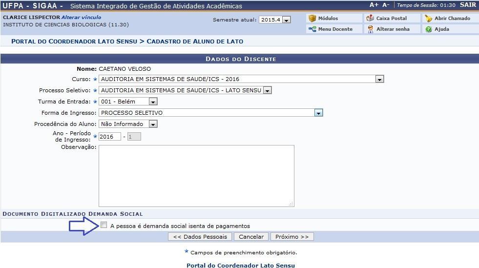 Clicando em "Próximo >>", a tela a seguir mostra o resumo dos dados do discente, caso seja necessária alguma correção nesses dados, o usuário poderá voltar (usando os botões << Dados Pessoais ou