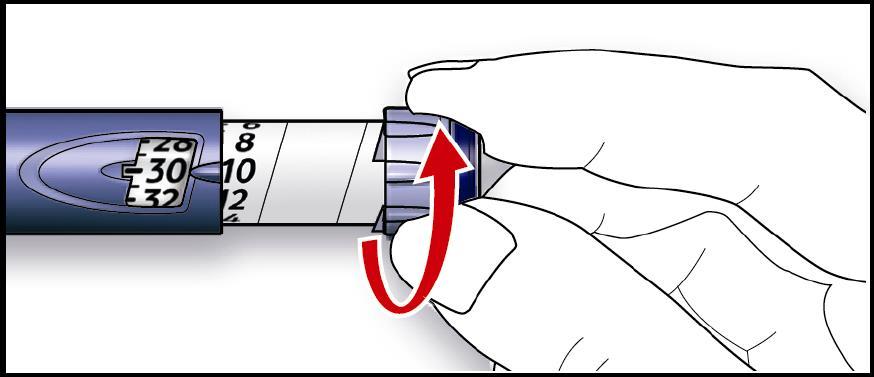Não empurre o botão enquanto o gira, pois a insulina pode ser expelida. Não gire o botão seletor da dosagem além do número de unidades à esquerda na caneta. Não force o botão seletor para girá-lo.