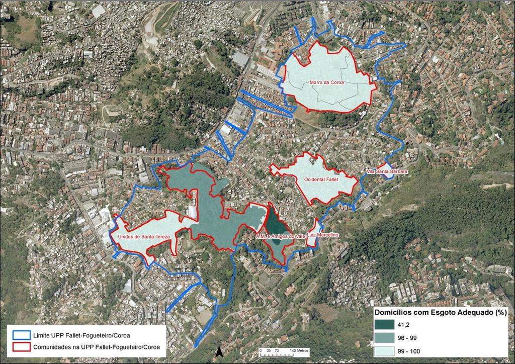 Mapa 3 Percentual de Domicílios Particulares Permanentes com Acesso a Esgotamento Adequado segundo os Setores Censitários das comunidades na UPP Fallet-Fogueteiro / Coroa 2010 Fonte: Dados do Censo