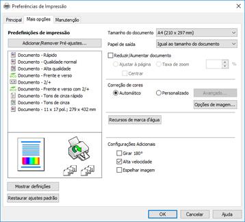 Seleção das opções de leiaute e impressão - Windows Você pode selecionar uma variedade de opções adicionais de leiaute e impressão para seus documentos ou fotos na guia Mais opções. 1.