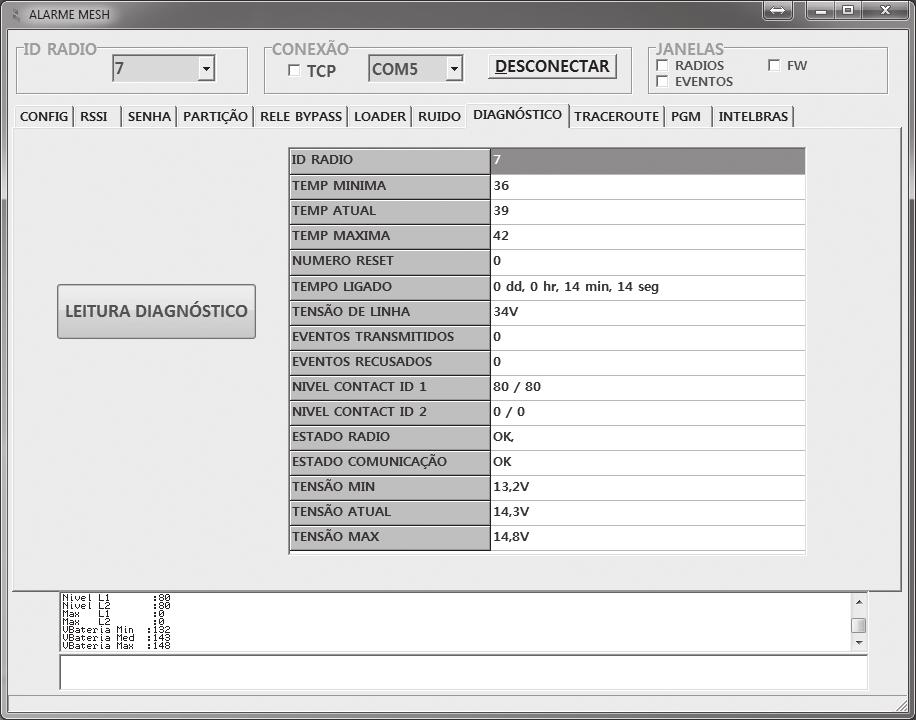 Diagnóstico do rádio ALARME (via serial ou RF) Na aba Diagnóstico é possível consultar alguns parâmetros do rádio remotamente. Escolher o ID e clicar em Leitura Diagnóstico. Temperatura do rádio.