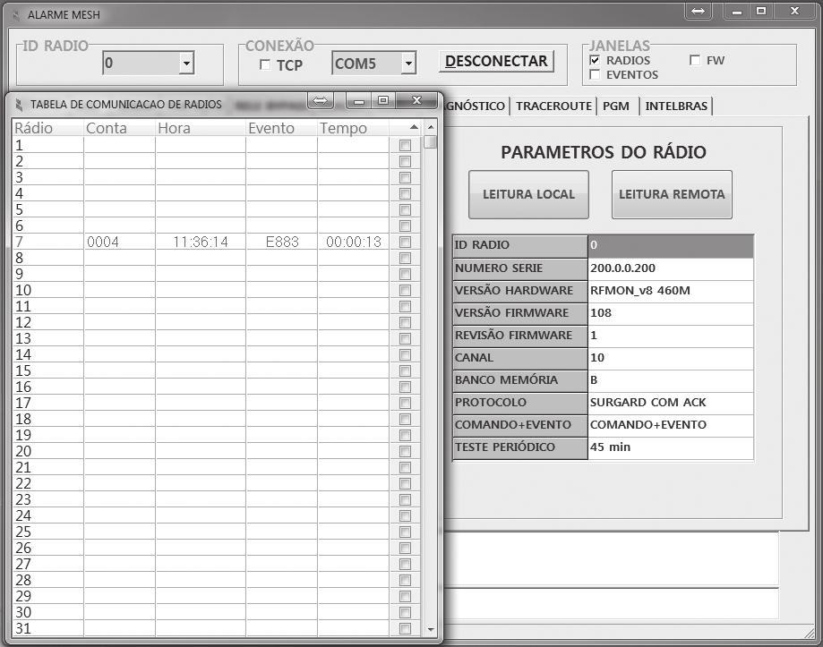 Janela Rádios (apenas via RF) JANELA RÁDIOS Ative a janela RADIOS. Para utilizar essa funcionalidade, é necessário ativar no MESTRE a função COMAN- DOS+EVENTOS (pag. 9).