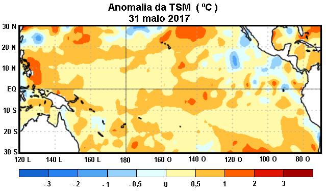 Fig 6 Anomalias (ºC) médias da Temperatura da Superfície do Oceano (TSM) para a semana centrada em 31 de maio