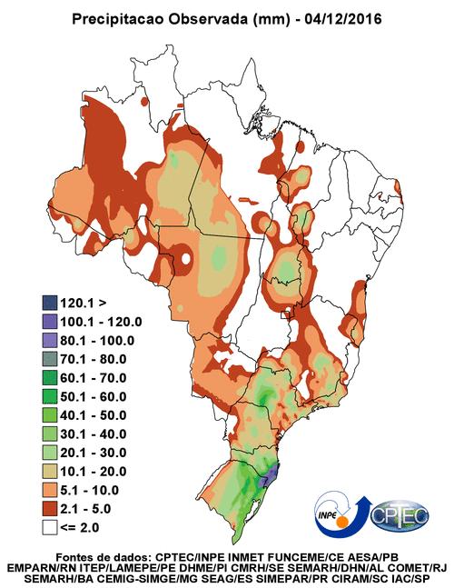 Figura 1 Precipitação observada em 24 horas nos dias (a) 04/12 e (b) 05/12/2016. Fonte: INPE/CPTEC.