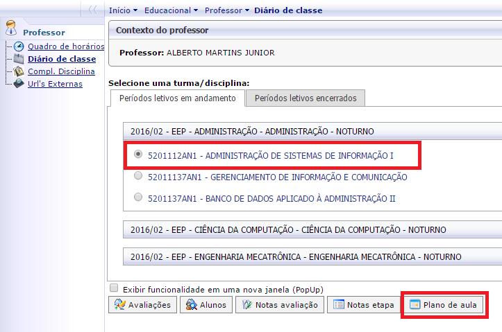 Para digitação do plano de aula clicar no menu Diário de classe conforme imagem abaixo.