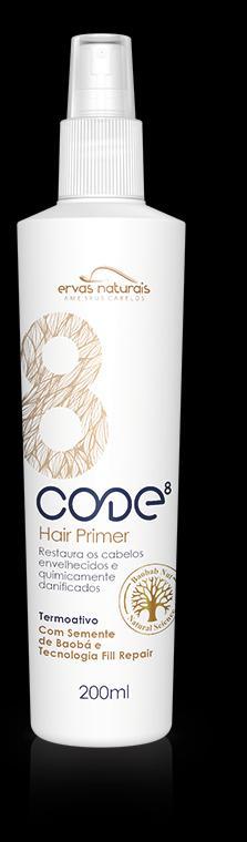 HAIR PRIMER CODE 8 O Hair Primer CODE 8 é um leave-in de alta performance que finaliza o processo de Reengenharia Capilar promovendo o realinhamento dos fios e realçando o brilho e a vitalidade dos