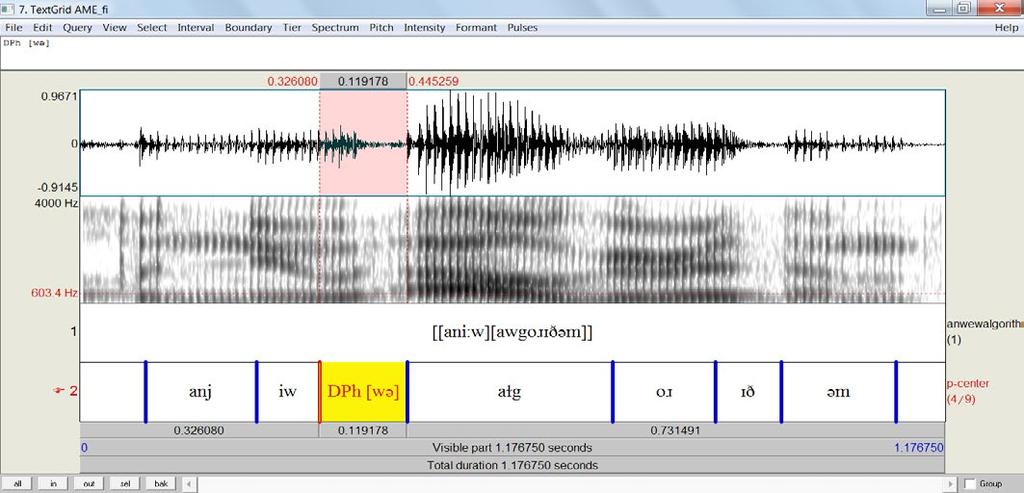 Resultados e discussão Vejamos a seguir, através de análise acústica, três imagens que mostram a produção da frase fonológica (φ) 7 [a new algorhythm]: Fig.