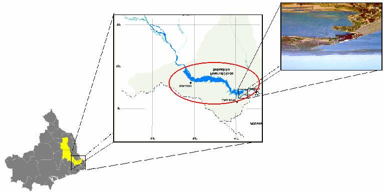 Figura 1 Localização da Bacia Hidrográfica do rio São Francisco em relação ao território Brasileiro e do reservatório de Sobradinho na bacia.