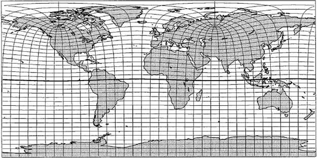 Figura 3.2.3-3: Representação esquemática da grade tripolar com região bipolar ao redor do oceano Ártico. Fonte: Retirado de Murray (1996 apud. Assad, 2006).